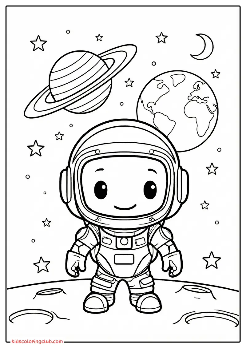 Astronauta fofo no espa&ccedil;o com planeta e estrelas p&aacute;gina para colorir para crian&ccedil;as