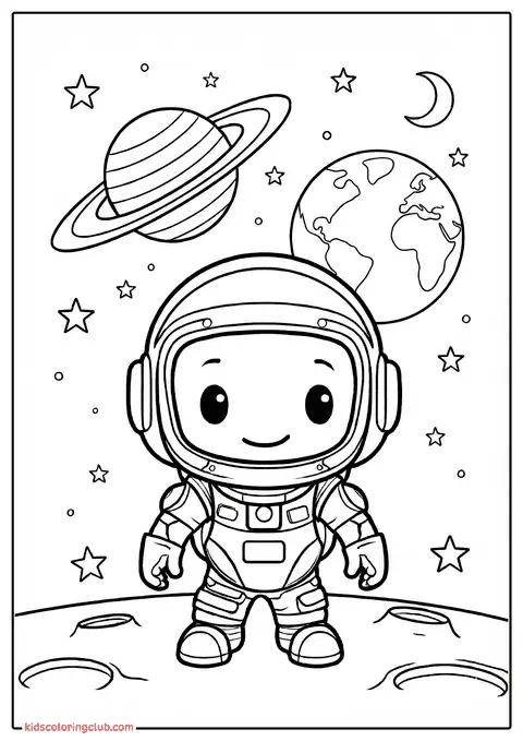 Page à colorier mignonne d'astronaute dans l'espace avec planète et étoiles pour enfants