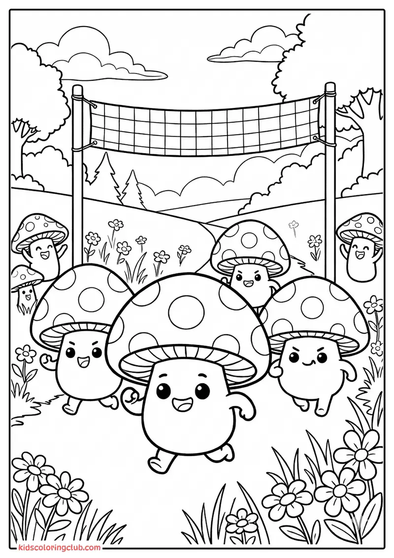 Cartoon mushrooms playing volleyball in a sunny field