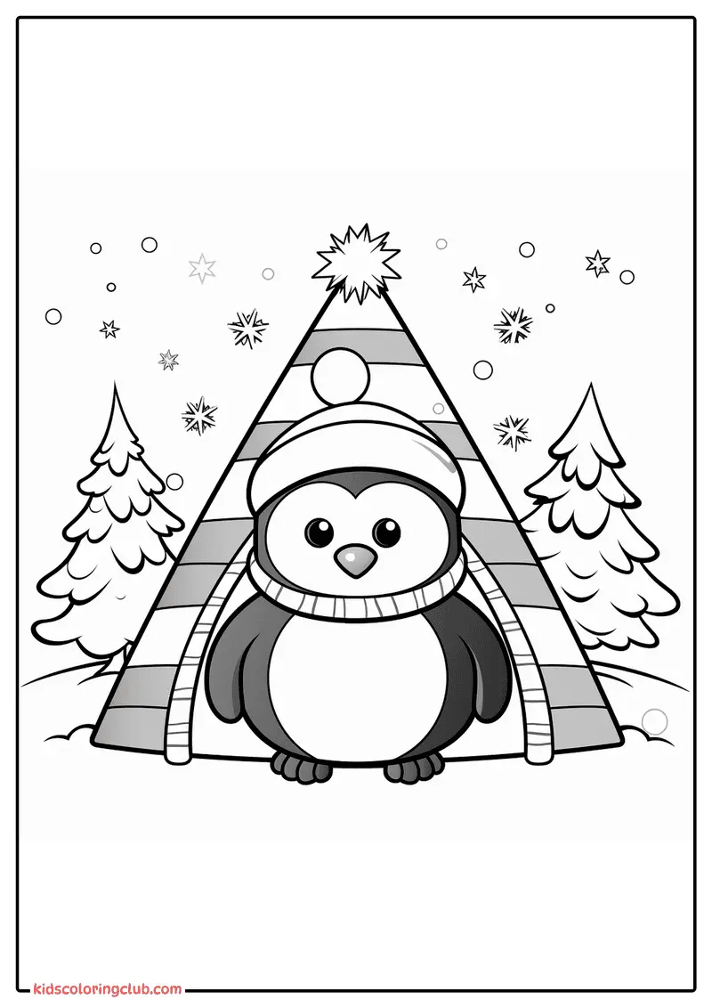 Pinguim cartoon com chap&eacute;u e cachecol de inverno em frente a um tipi