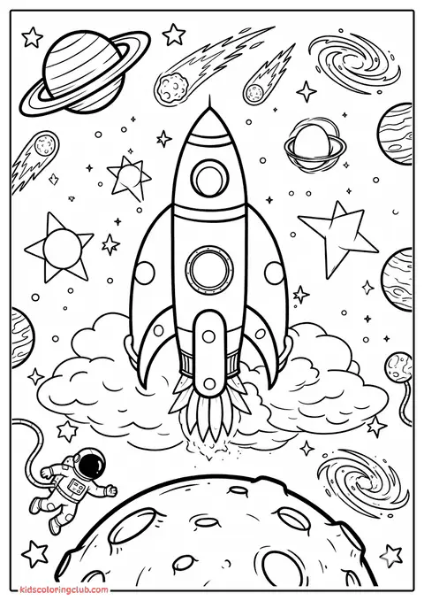 Weltraumrakete Cartoon Malvorlage mit Planeten und Sternen