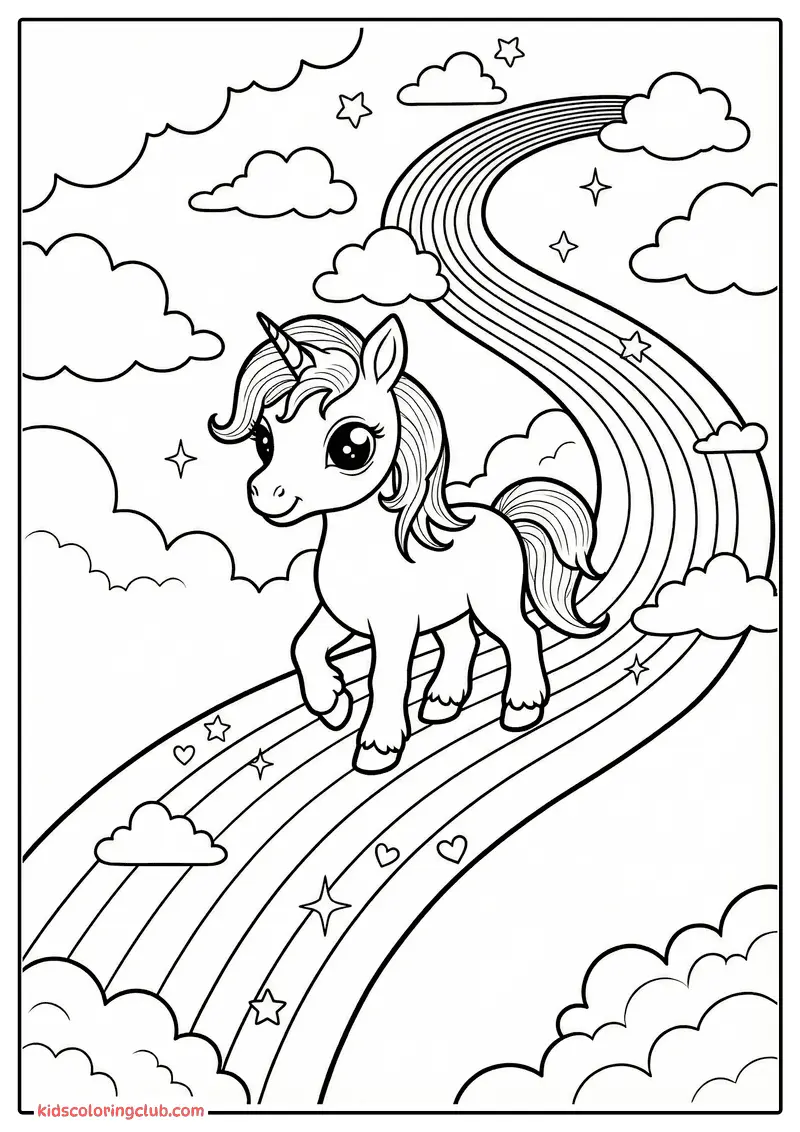 Licorne cartoon debout sur un arc-en-ciel avec nuages et &eacute;toiles