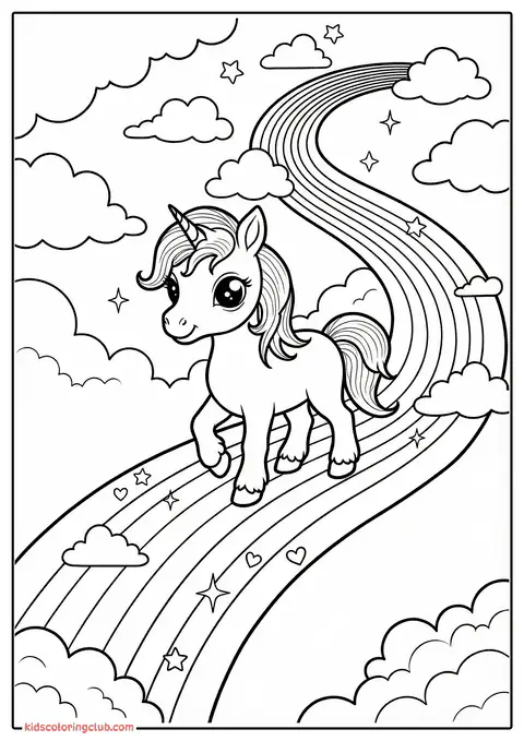 Lustiges Cartoon-Einhorn auf einem Regenbogen mit Wolken und Sternen