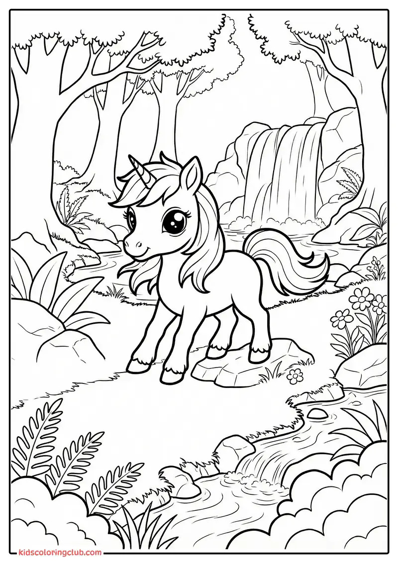Cute cartoon unicorn in a magical forest coloring page