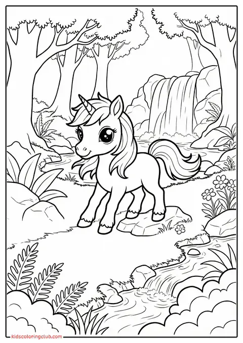 Página para colorear unicornio cartoon lindo en bosque mágico