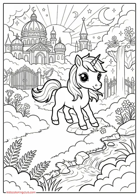 Unicornio de pie frente a un castillo fantástico con cascada y nubes