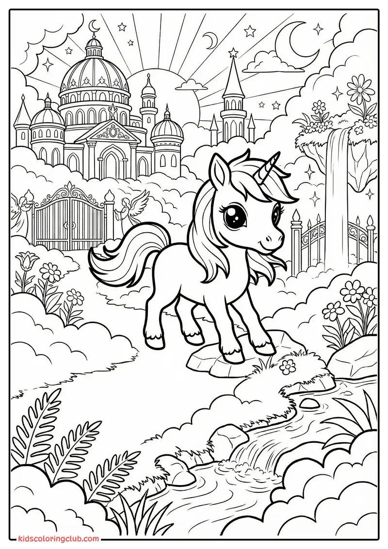 Unicornio de pie frente a un castillo de fantas&iacute;a con cascada y nubes