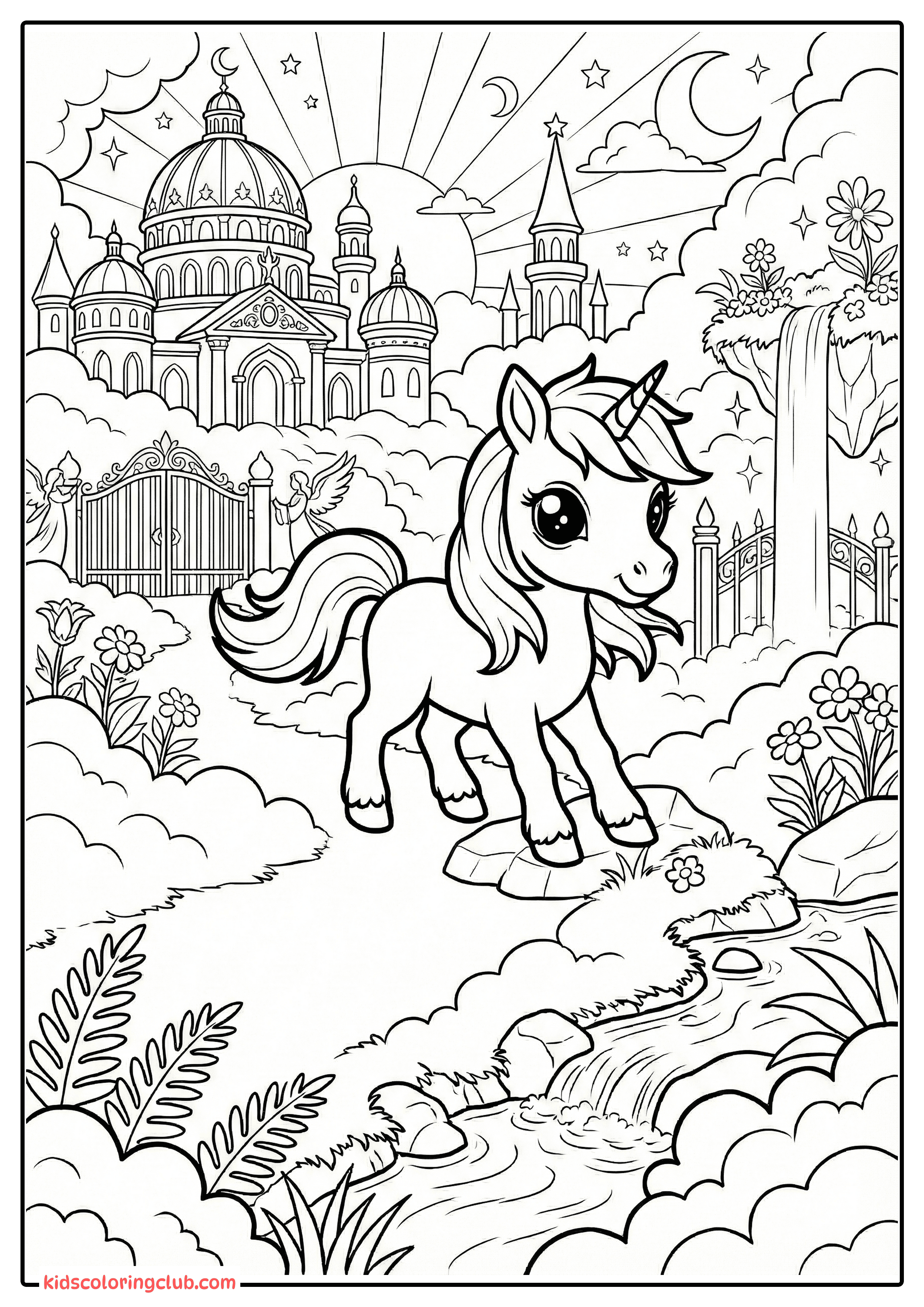 Kostenlos downloaden: Druckbares Einhorn-Fantasie-Burg-Ausmalbild