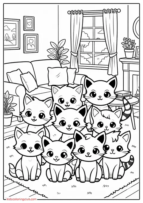 Gattini cartoon carini in una scena di soggiorno accogliente