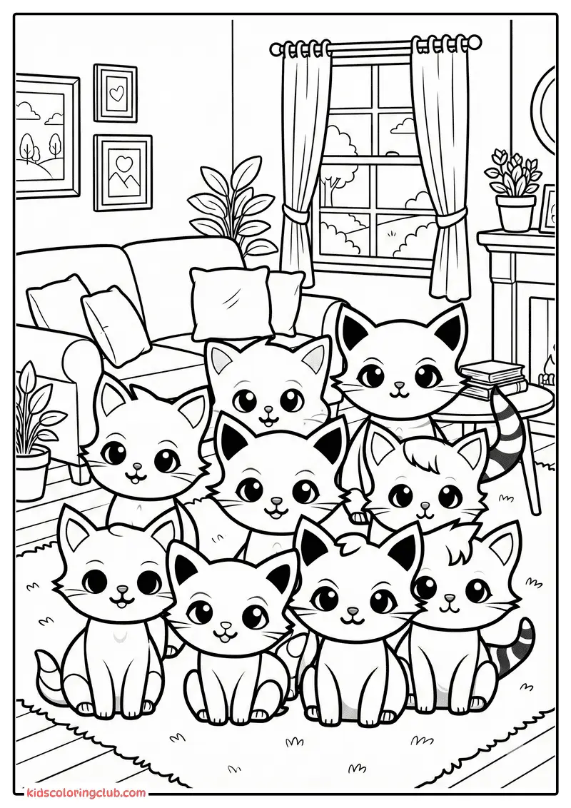 Gatinhos cartoon fofos em uma cena de sala de estar aconchegante