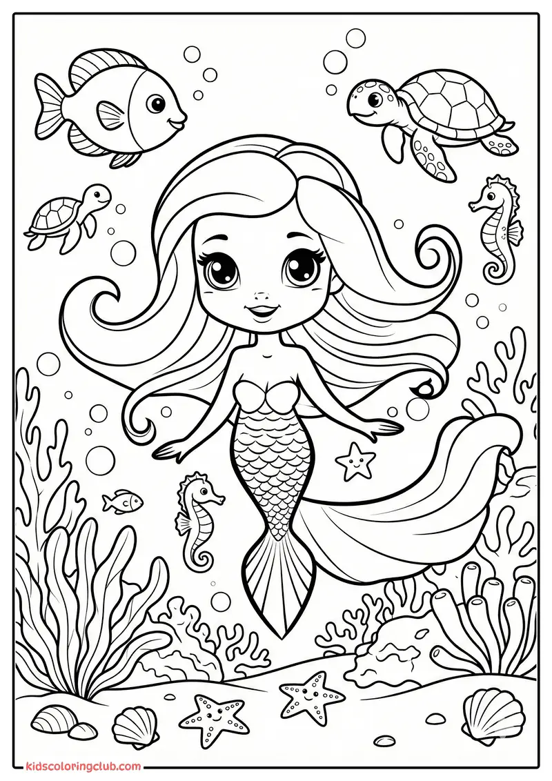P&aacute;gina para colorear de sirena cartoon con criaturas marinas