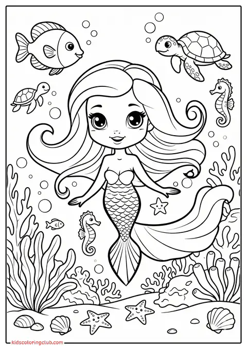 Página para colorir cartoon de sereia com criaturas do mar