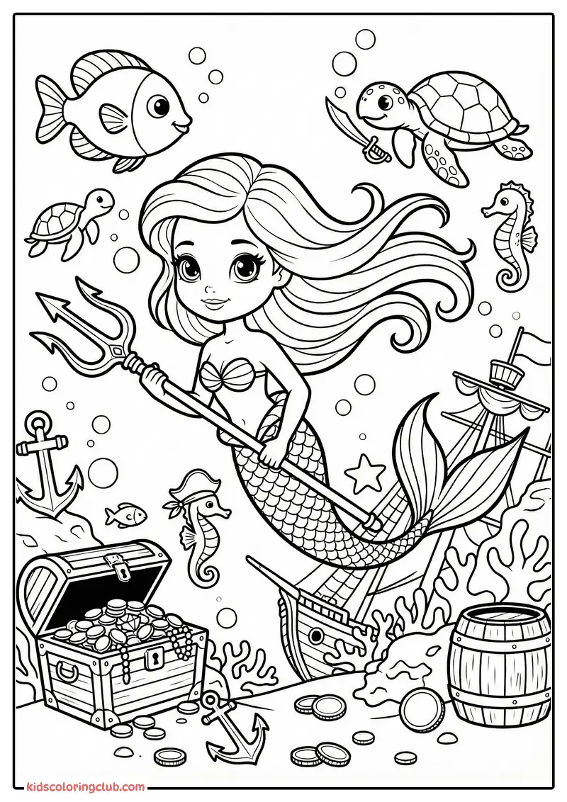 Mermaid treasure hunt coloring page with cartoon style