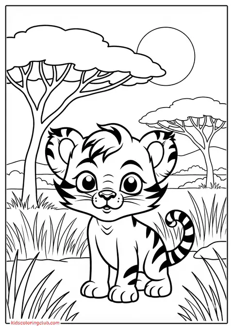 Schattige cartoon tijgerwelp in een savanne met bomen en gras