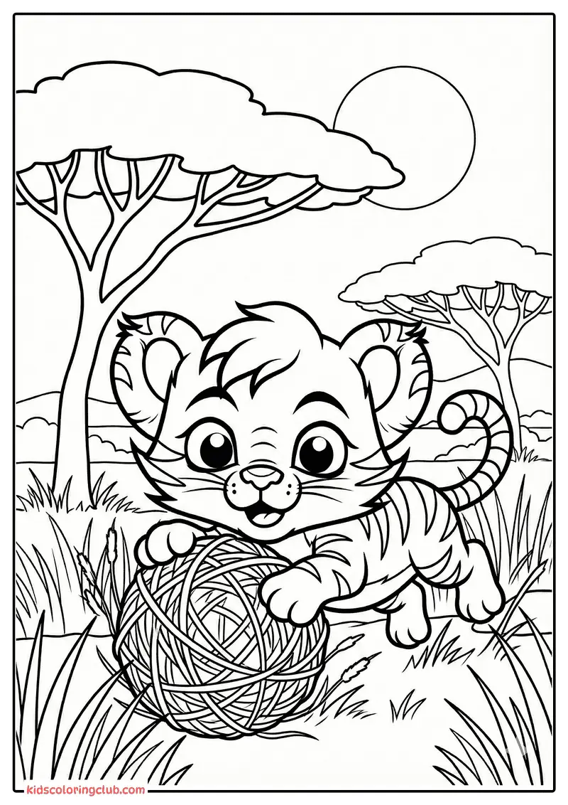 Niedliches Cartoon-Tigerjunges spielt mit Wollkn&auml;uel in der Savanne