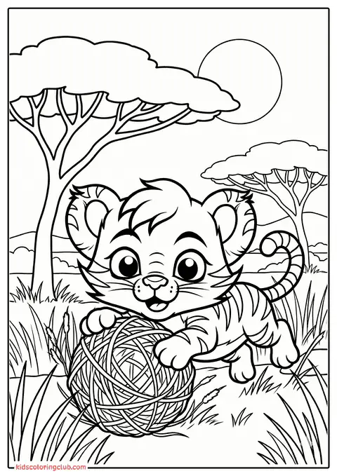 Mignon tigre cartoon jouant avec une pelote de laine dans la savane