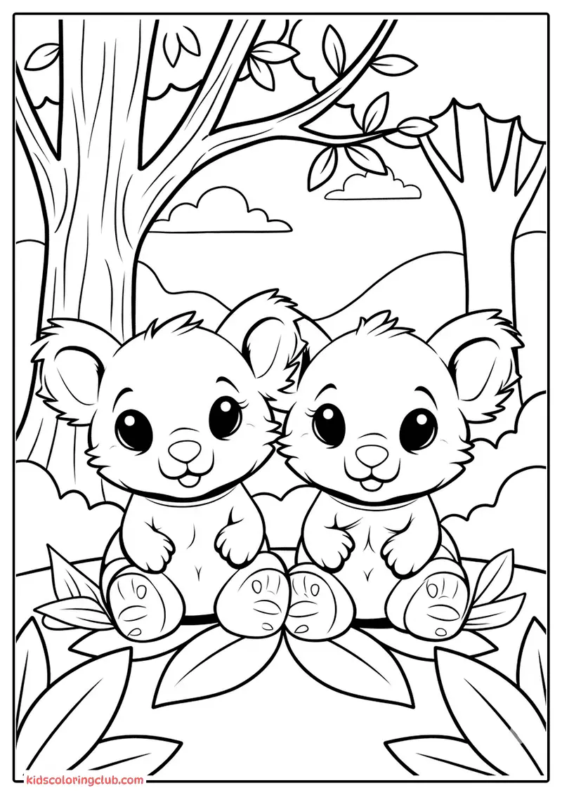 Adorables koalas jumeaux assis sur une branche d'arbre avec des feuilles