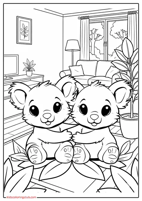 Zwei süße Koalas kuscheln eng umschlungen in einem Wohnzimmer umgeben von Pflanzen, mit dicken schwarzen Linien