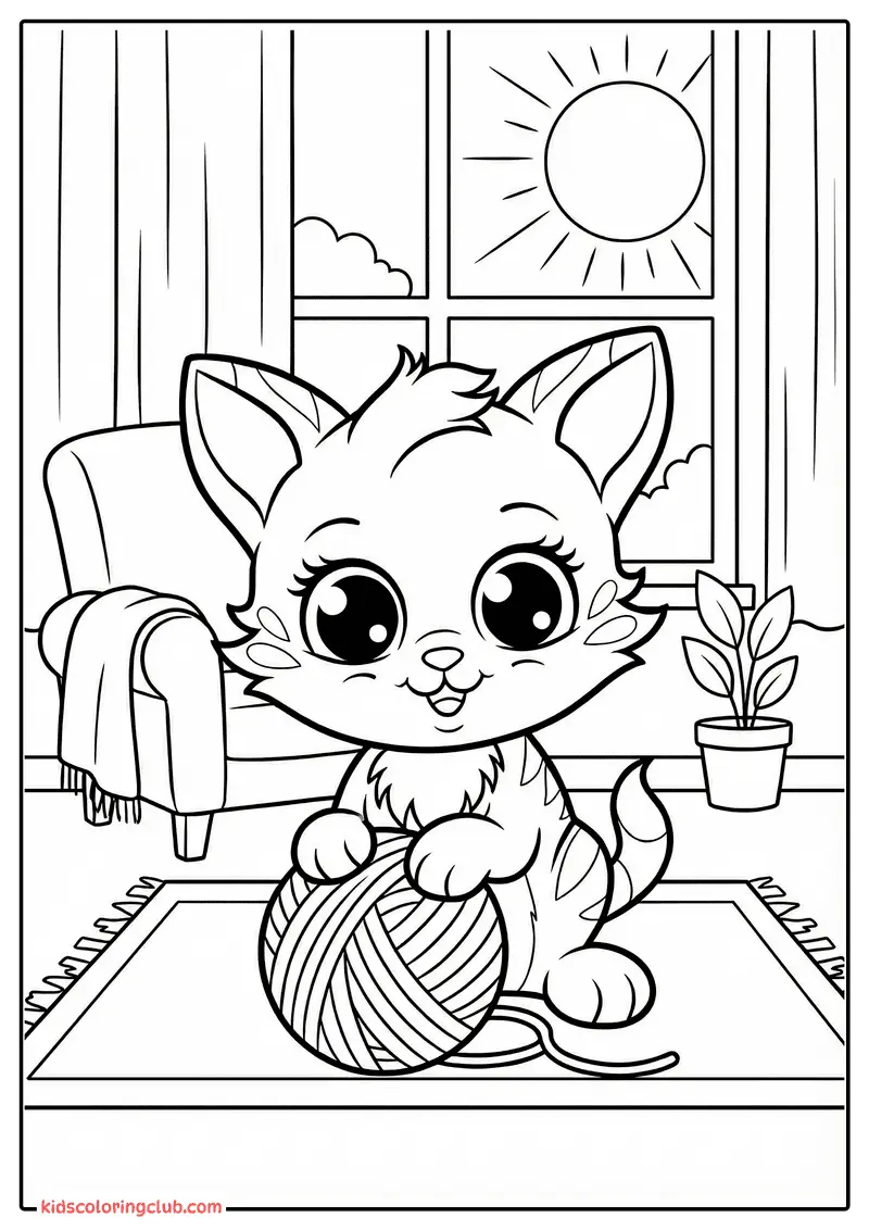 Cartoon kitten with ball of yarn in cozy living room