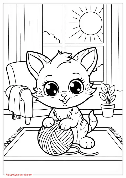 Getekend katje met bol wol in knusse woonkamer