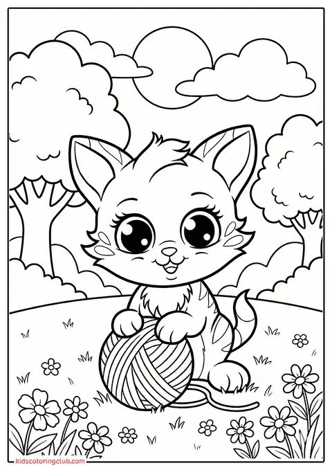 Chaton cartoon jouant avec une pelote de laine dans un champ fleuri