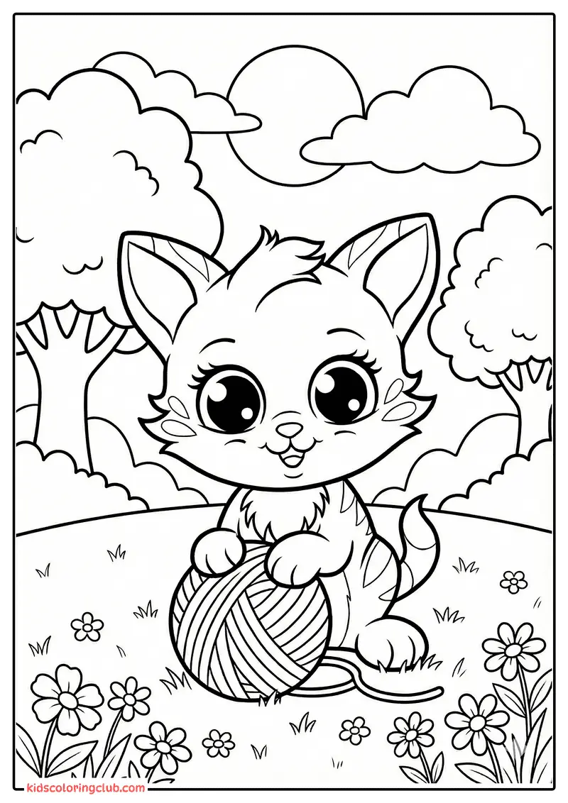 Chaton cartoon jouant avec une pelote de laine dans un champ de fleurs