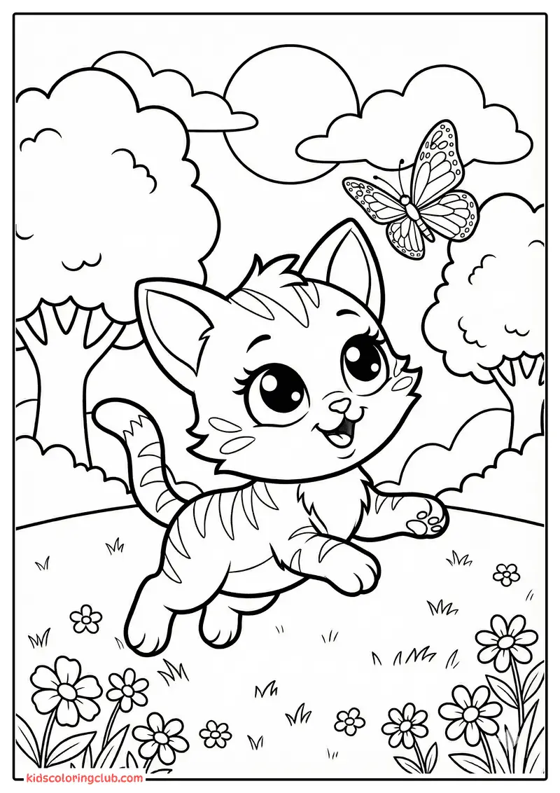 Gatinho Cartoon Brincando em Prado Ensolarado com Borboleta