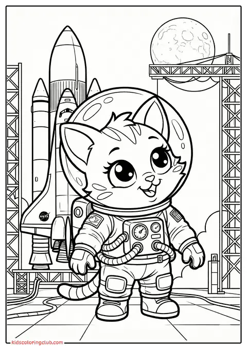 Tegnefilmkat i astronautdragten st&aring;ende foran raket og m&aring;ne