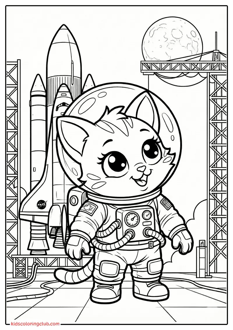 Zeichentrickkatze im Raumanzug vor Rakete und Mond