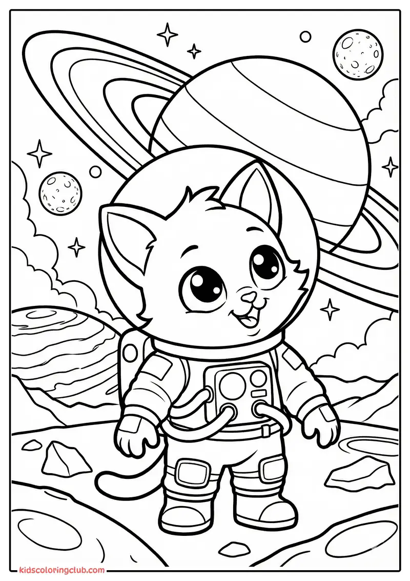 Cartoon Kat Astronaut Staand Op Een Planeet Met Sterren En Manen