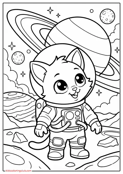 Zeichentrick-Kater-Astronaut Stehend Auf Einem Planeten Mit Sternen Und Monden