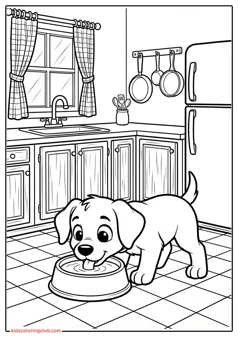 Perrito de caricatura bebiendo de un taz&oacute;n en la cocina