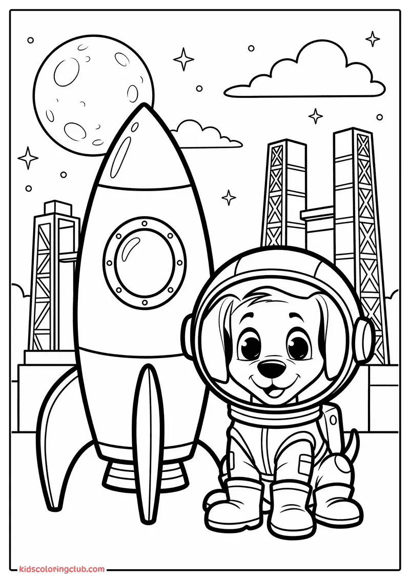 Cartoon puppy astronaut naast een raket met lanceerplatform en maan