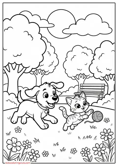 Cane cartoon e gatto che giocano insieme al parco con alberi e fiori