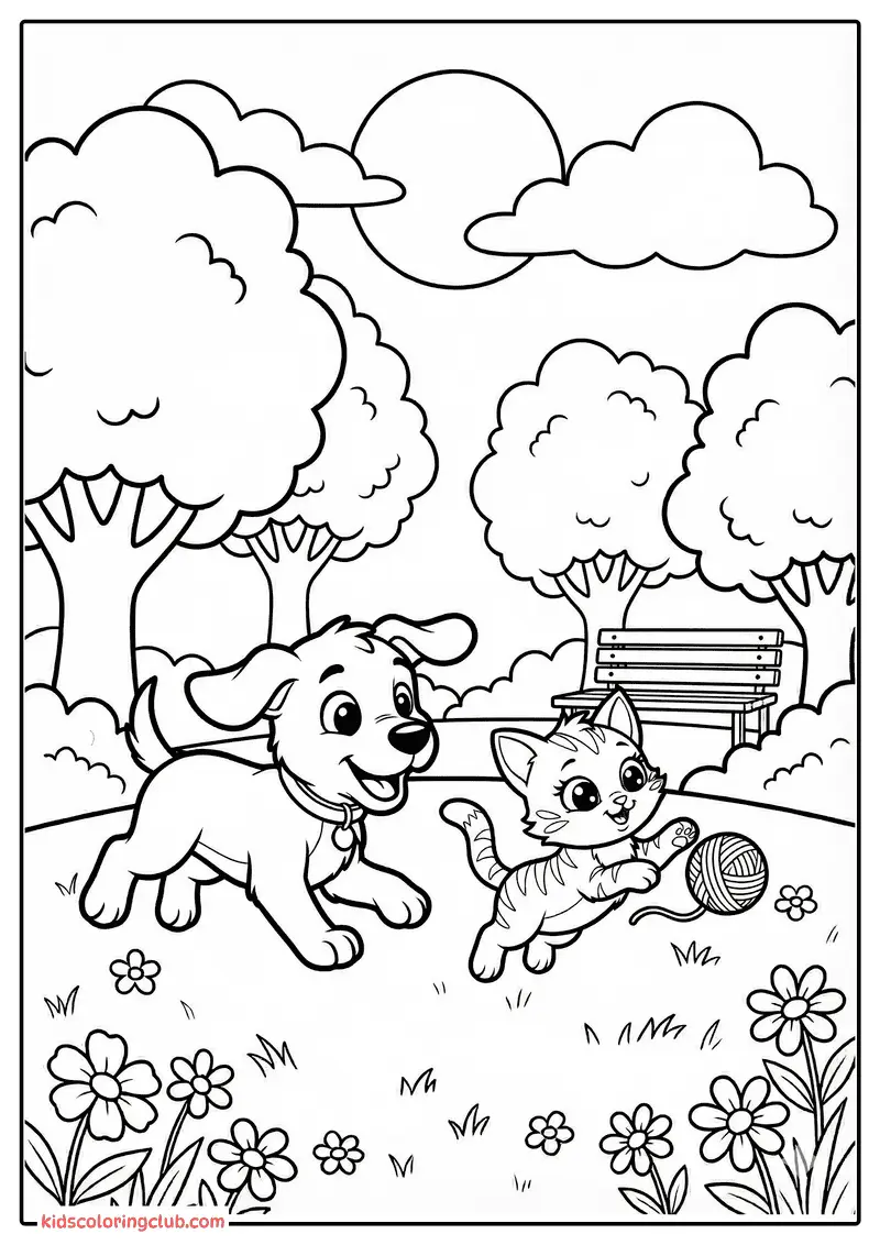 Cane e Gatto Cartoon che Giocano Insieme al Parco con Alberi e Fiori