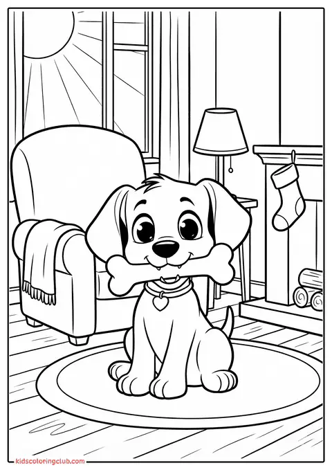 Cartoon puppy die op een kleedje zit met een botje in de mond