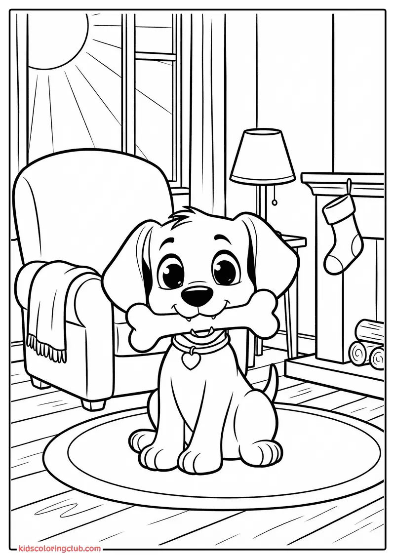 Cachorrinho cartoon sentado num tapete com um osso na boca