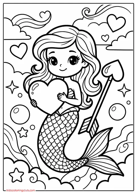 Illustrazione in bianco e nero di una sirenetta sorridente che tiene un oggetto a forma di cuore