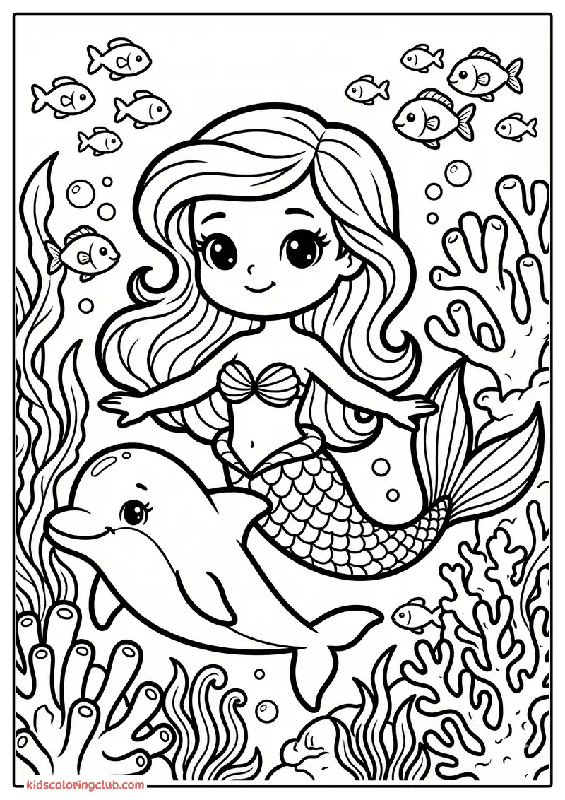 Sc&egrave;ne sous-marine mignonne avec sir&egrave;ne et dauphin, poissons et corail