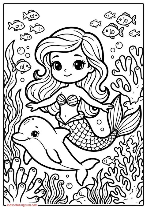 Escena submarina adorable de sirena y delfín con peces y coral