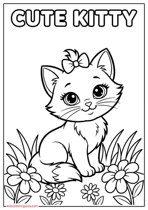 Dibujo en blanco y negro de una gatita de caricatura con un lazo en la cabeza rodeada de flores