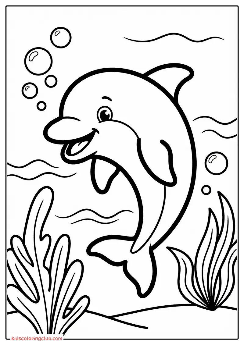 Desenho em linhas pretas e brancas de um golfinho sorridente cercado por bolhas e algas