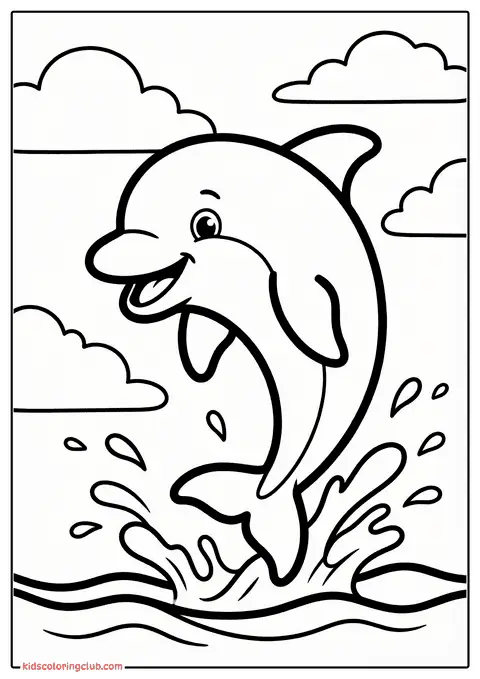 Dibujo a línea en blanco y negro de un delfín saltando con salpicaduras de agua