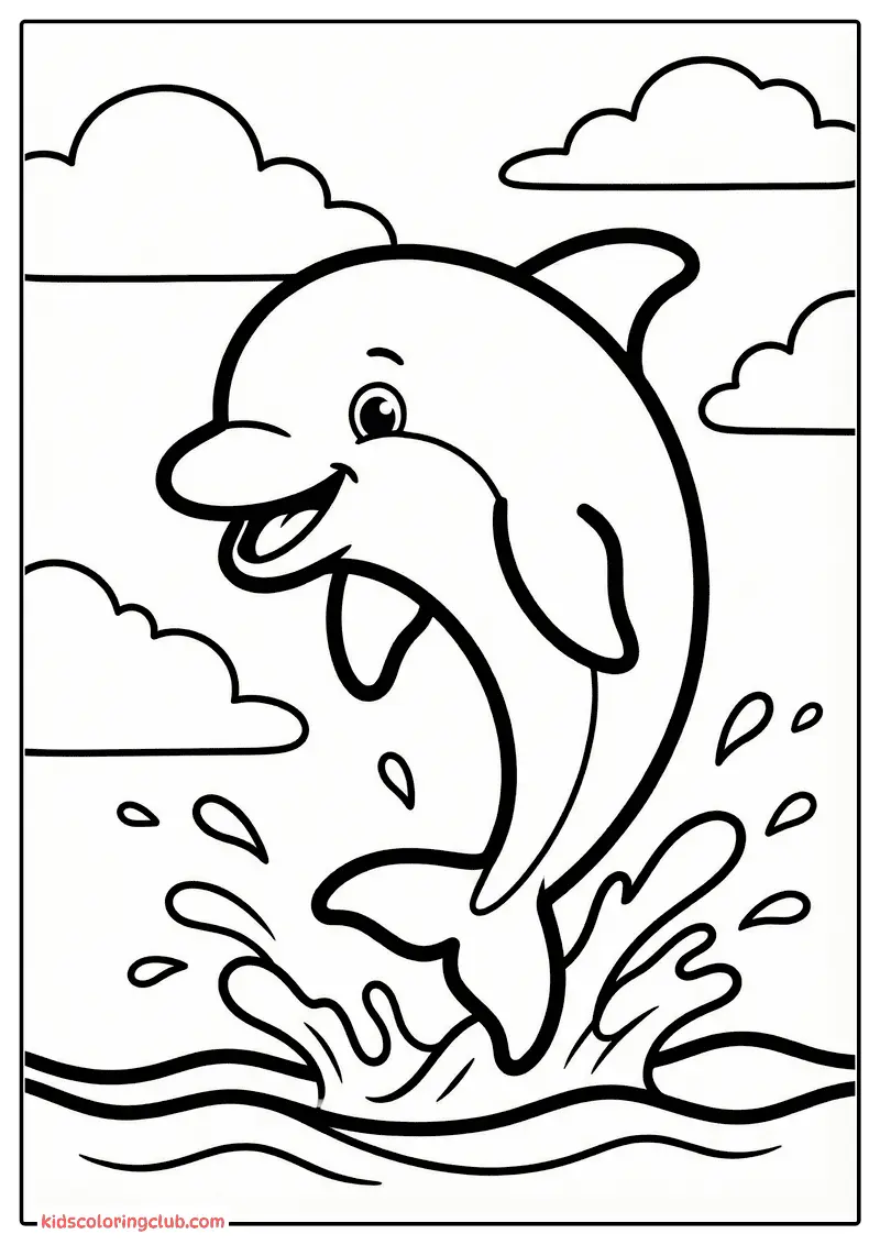 Zwart-wit lijntekening van een springende dolfijn met waterspetters