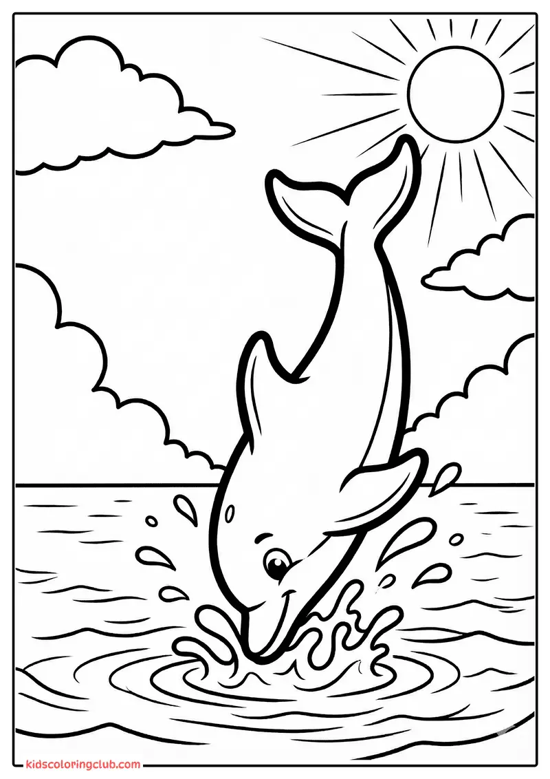 Tecknd delfin hoppar upp ur vattnet med sol och moln