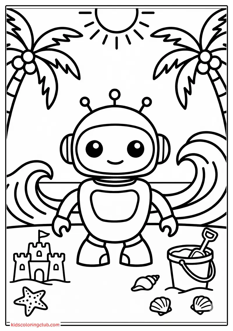 Cartoon-Roboter an sonnigem Strand mit Palmen und Muscheln