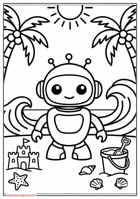 Cartoon robot op een zonnig strand met palmbomen en schelpen