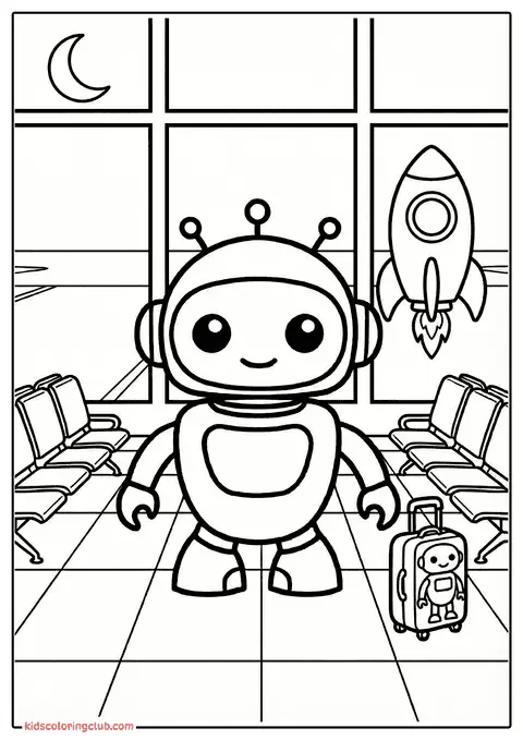 खिड़की के बाहर रॉकेट के साथ एयरपोर्ट पर सूटकेस वाला प्यारा रोबोट