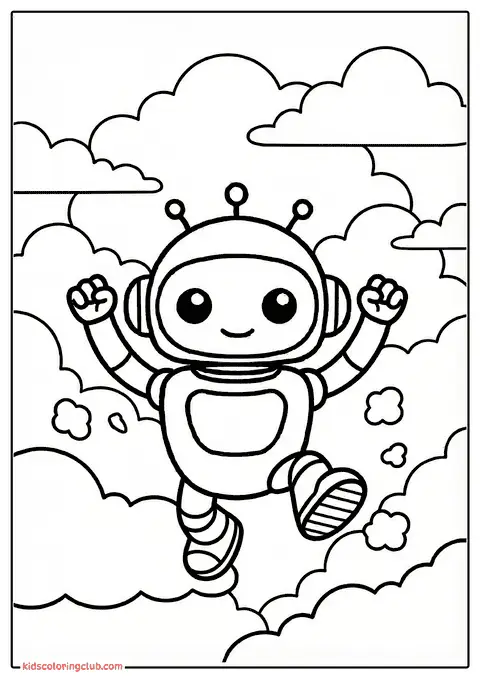 Robot kartun melompat melalui awan empuk dengan ekspresi gembira