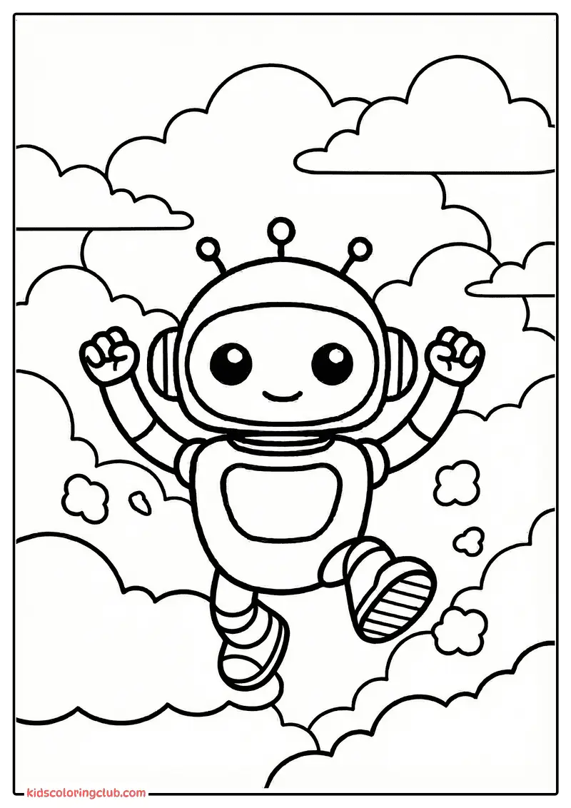 Rob&ocirc; cartoon pulando por nuvens fofas com express&atilde;o feliz